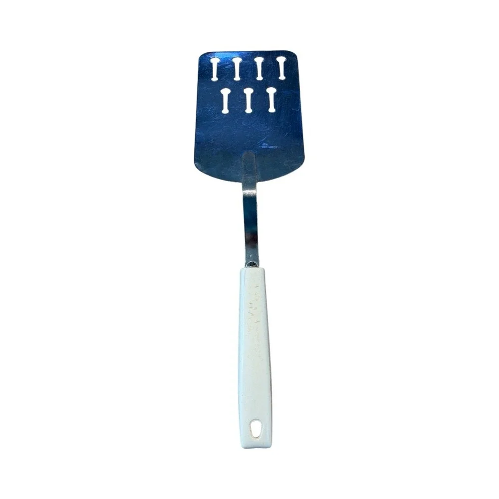 Vintage Ekco Spatula Chromium Plated Slotted Turner White Handle USA MCM
